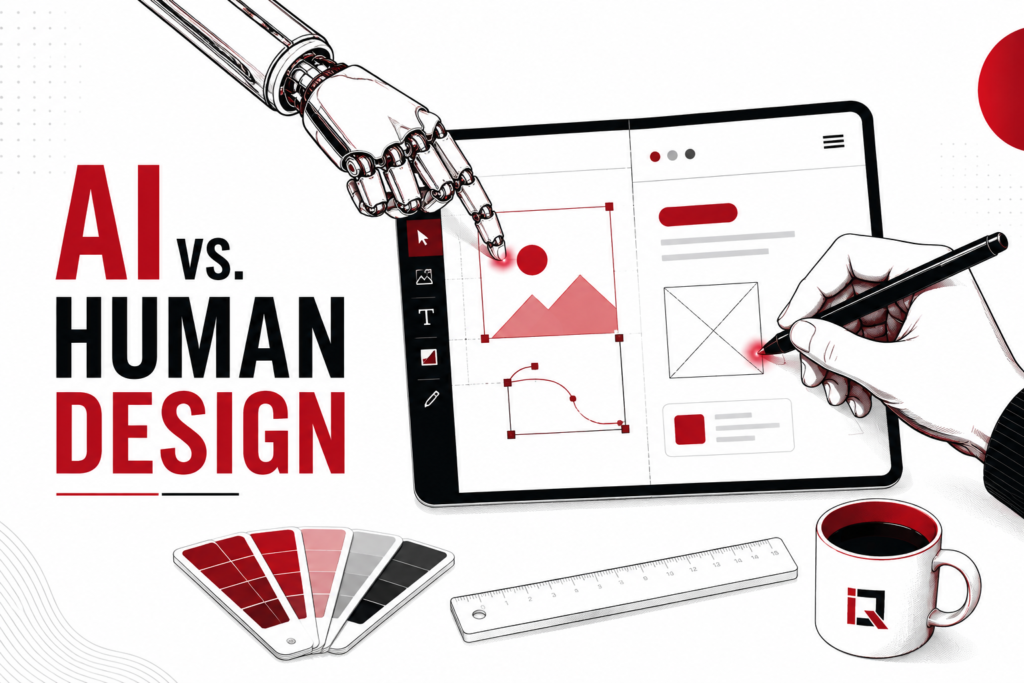 Designer reviewing AI-generated UI concepts alongside hand-drawn wireframes