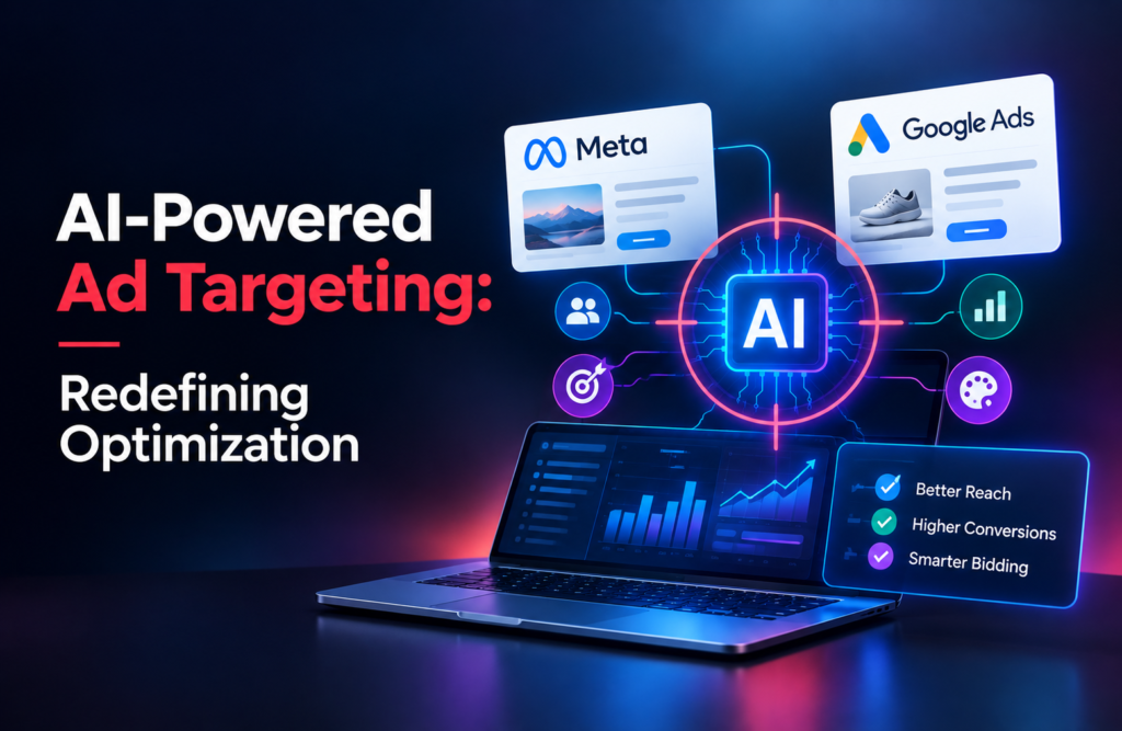 Illustration of AI-powered ad optimization across Meta Advantage+ and Google Performance Max campaigns