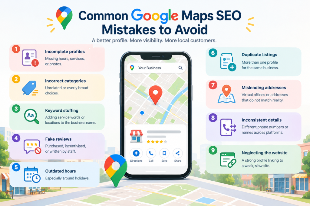 Common Google Maps SEO mistakes to avoid, including incomplete profiles, incorrect categories, keyword stuffing, fake reviews, outdated business hours, duplicate listings, misleading addresses, inconsistent business details, and a poorly performing website.